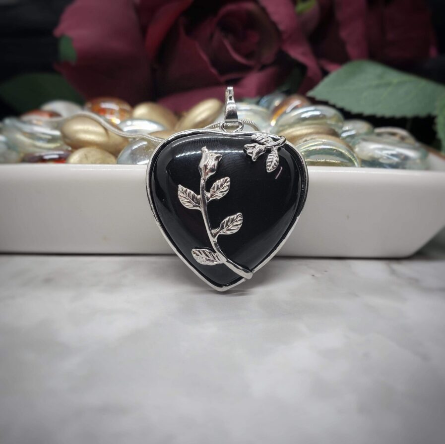 Obsidian Blooming Heart Pendant Necklace